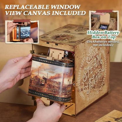 Tonecheer DIY Book Nook Kit for Adults, Miniature Infinity Train Cabin Steam Age Vintage Carriage Model, Wooden 3D Puzzle Dollhouse Booknook Decorative Bookend Gifts (Steam Fantasy) - Image 4