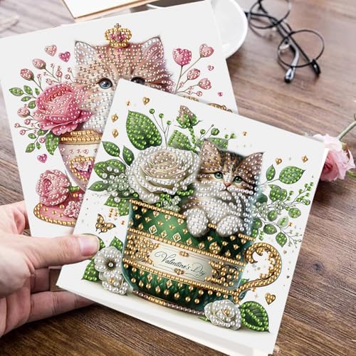 JISHSHAY 6 PCS Diamond Art Greeting Cards Cat Diamond Painting Birthday Cards Animal Gem Art Gem Painting Mosaic Kits for Adults for Thanksgiving Anniversary Valentine Graduation All-Occasion - Image 7