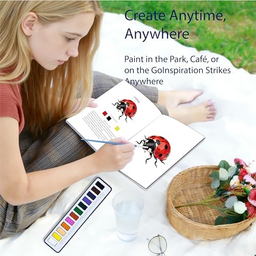 CraftyManor 2Pcs Watercolor Workbook Creative Water Color Paint Book Set with Paints & Brush, 12 Patterns of Original DIY Designs, Beginner-Friendly Adult Coloring Books (Insect & Mushroom) - Image 5
