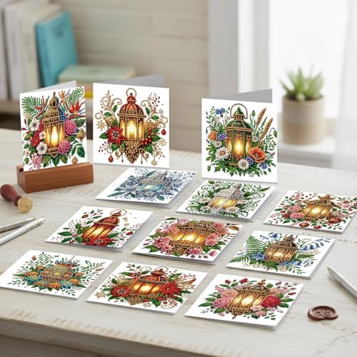 jinglinhh 12pcs Christmas Poinsettia Night Light Diamond Art Painting Greeting Cards with Envelopes, DIY Card Making Kits for Adults, Diamond Art Christmas Cards for Holiday Postcards Craft Gifts - Image 6