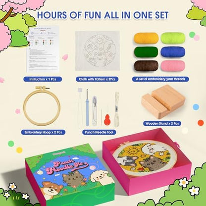 yuegool 2PCS Punch Needle Decoration Kit,Easy DIY Punch Needle Embroidery Kit for Beginners Adults Including Patterns, Tools, Yarns, Hoop, Instruction, Bracket Art Craft Supplies - Image 2