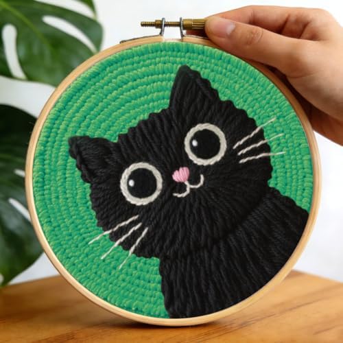 BEUNITONE 2Pcs Cute Cat Punch Needle Kit for Beginners, Starter Embroidery Kits with Frame & Instructions, Needle Felting Kit Poke Art for Adults DIY Handmade Craft for Coasters, Bags, Clothes Decor - Image 5