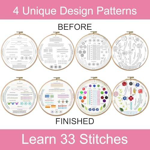 Moni Crafts Embroidery Kit for Beginners – DIY Hand Embroidery Set for Adults with 4 Stamped Patterns, Hoop, Threads, Needles and Step-by-Step Stitch Guide to Learn 33 Stitches - Image 4