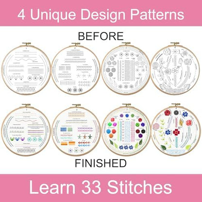 Moni Crafts Embroidery Kit for Beginners – DIY Hand Embroidery Set for Adults with 4 Stamped Patterns, Hoop, Threads, Needles and Step-by-Step Stitch Guide to Learn 33 Stitches - Image 4