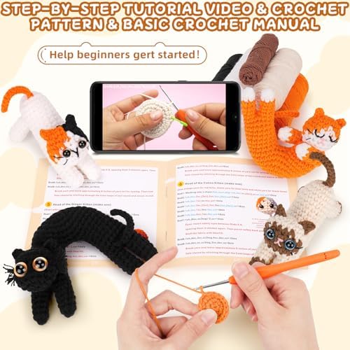 Crochet Kit for Beginners - 4 PCs Cat Crochet Kits with Step-by-Step Video Tutorials, Beginner Crochet Kit for Adults Kids, Learn to Crochet Animal Kit, Creative Crochet Gift for Cat Lovers - Image 4
