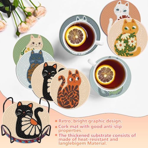 8 Pcs Cat Diamond Art Coasters Kit, Flower Diamond Painting Coasters with Holder, 5D Gem Art Coaster, DIY Crafts Diamond Dots for Gift Home Decor - Image 2