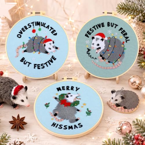 Mindsoft 3 Set Needlepoint Kit for Beginners with Hoop,Christmas Possum - Image 2