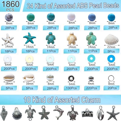 1860Pcs Ocean Beads for Bracelets Making Kit, Blue and White Summer Beach Bead for Jewelry Making, Sea Turtle Shell Starfish Shape Beads 8mm Round Cly Bead for DIY Craft Bracelets Earring (Blue) - Image 4