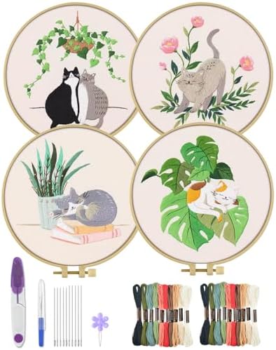 ERKOON 4 Sets Embroidery Kit for Beginners,Hummingbird and Flower Cross Stitch Set for Include Embroidery Cloth Hoops Threads for Craft Lover Hand Stitch (Cat) by ERKOON