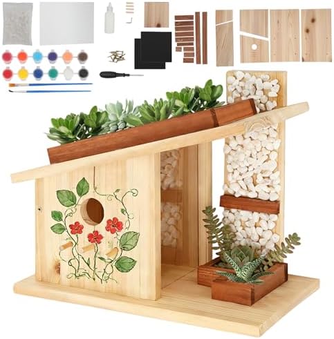 Modern Birdhouse Woodworking Kit, Natural Cedar Wooden birdhouses for Outdoors with Paint Set, Creative DIY Birdhouse Gift, Build Your Own Bird House Kit by Pontuss