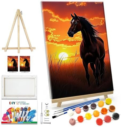 JOOZ Horse Paint by Numbers Kit for Adults with Frame Sunset Paint by Number with Easel Adult Paint by Number Kits Framed Canvas Oil Painting Kits for Home Wall Decor 8x12 Inch by Jooz