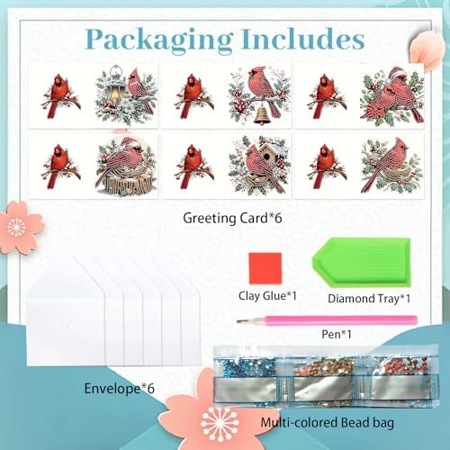 6pcs Christmas Diamond Painting Greeting Card with envelopes, DIY Red Bird Northern Cardinal Diamond Art Greeting Card for Blessing and Wish Special Shaped Arts Crafts for Birthday Thanksgiving Day - Image 3
