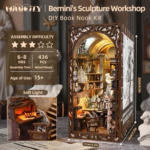 MiniCity DIY Book Nook Kit, Miniature Dollhouse Kit, Book Nook Kits for Adults Gift, Booknook Bookend Bookshelf & Home Decor with LED Light (Bernini's Workshop) - Image 5