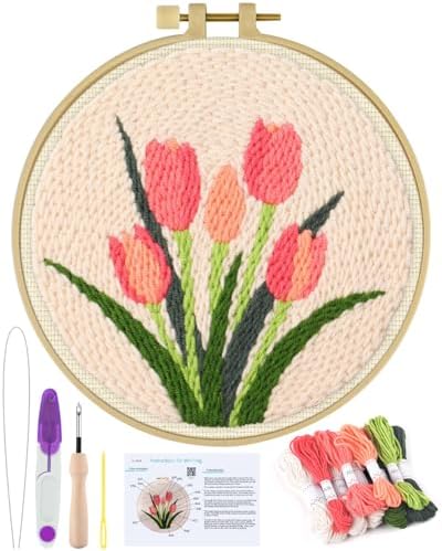 ERKOON Punch Needle Kit Beginners Adults, DIY Easy Flower Embroidery Set for Starter Art Craft, Needling Punching Project with Patterns, Tools, Yarns, Hoop, Instruction (Tulips) by ERKOON