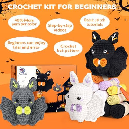 Crochet Kit for Beginners, Beginner Crochet Kit for Adults with Step-by-Step Video Tutorials, Halloween Gifts DIY Crochet Animal Kits Knitting Supplies, 3 Pack Bat (40%+ Yarn) - Image 4