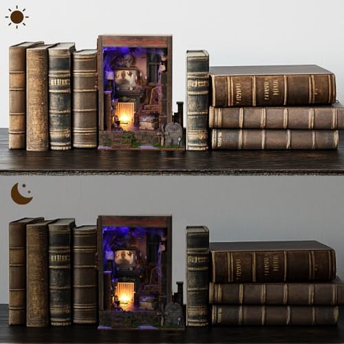 Book Nook Kit,DIY 3D Wooden Miniature Dollhouse Kit Gifts for Adults,The Phantom Chamber Haunted House Booknook with LED Light - Image 4