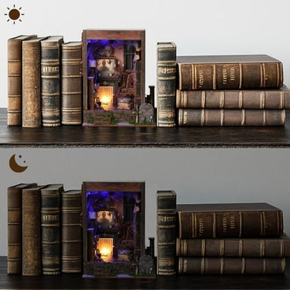 Book Nook Kit,DIY 3D Wooden Miniature Dollhouse Kit Gifts for Adults,The Phantom Chamber Haunted House Booknook with LED Light - Image 4