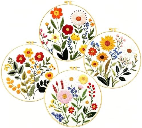 Zhenqing 4-Piece Floral Embroidery Kit for Beginners - Complete Set with Sunflower, Daisy Designs & Pre-Printed 29x29cm Cotton Fabric, Hoop, Threads & Tools(C0166) by ZhenqingHomeFlagship