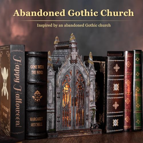 fifijoy Book Nook Kit - Abandoned Gothic Church DIY Miniature Dollhouse kit with LED Light for Adults, 3D Wooden Puzzle Model Tiny House Bookshelf Insert Decor, Gifts for Family, Friends - Image 2