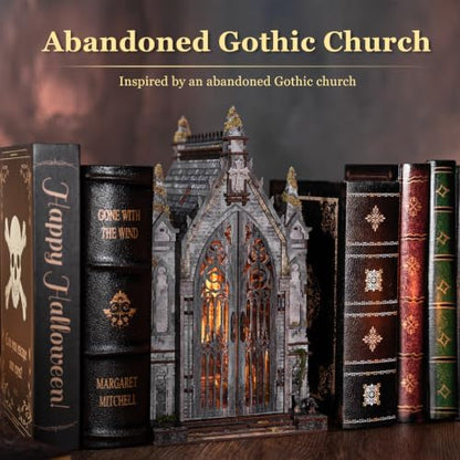 fifijoy Book Nook Kit - Abandoned Gothic Church DIY Miniature Dollhouse kit with LED Light for Adults, 3D Wooden Puzzle Model Tiny House Bookshelf Insert Decor, Gifts for Family, Friends - Image 2