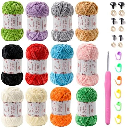 12 Pack Chenille Chunky Yarn - Baby Yarn for Crocheting Soft - White red Green Pink Yellow Blue Velvet Yarn Crochet Blanket - Amigurumi Yarns Pack with Crochet Accessories by OMoiut