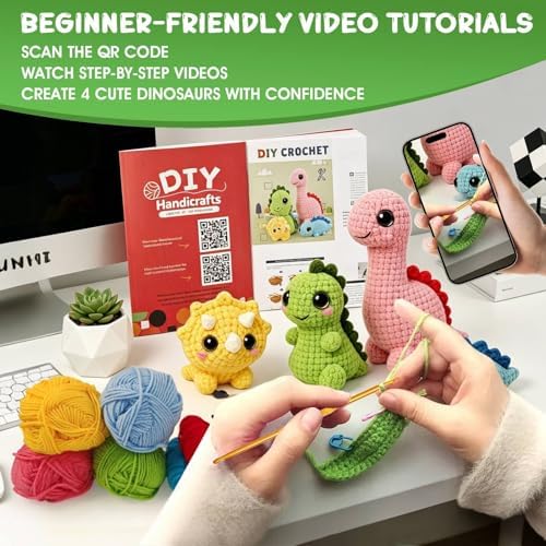 Morcolplus Dinosaur Crochet Kit for Beginners, 4-Pack Amigurumi Dinosaur Crochet Starter Kit with Video Tutorials, DIY Yarn Craft Kit for Adults & Teens, Creative Gift Set - Image 3