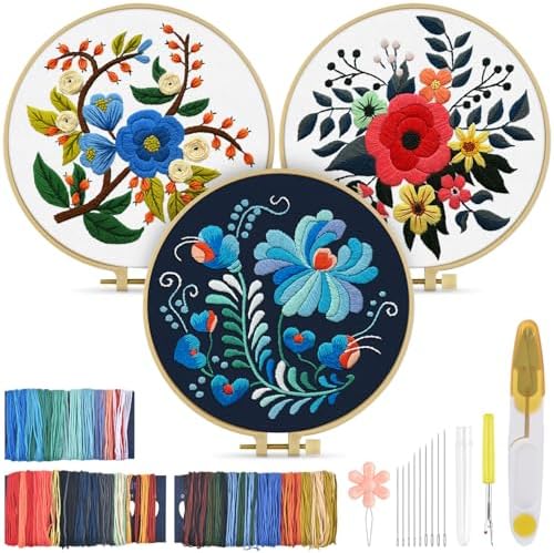TINDTOP 3 Sets Embroidery Kit for Adults, Floral Embroidery Practice Kit by TINDTOP