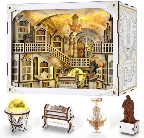 MiniCity Library of Gods Book Nook Kit, DIY Wooden Miniature Scene with LED by MiniCity
