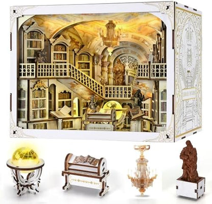 MiniCity Library of Gods Book Nook Kit, DIY Wooden Miniature Scene with LED by MiniCity
