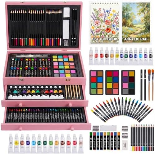 175-Pack Deluxe Wooden Art Set Drawing Painting Kit with 2 Drawing Pads, Acrylic Paints, Colored Pencils, Crayons, Paint Brush, Art Kit in Wooden Case, Gift for Artist, Adults, Teens and Kids by TMOLARTSUPPLIES