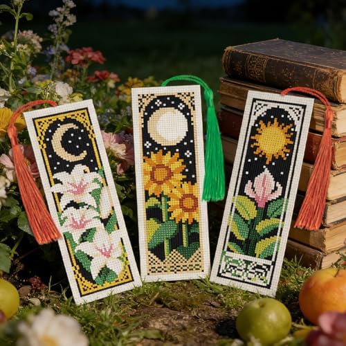 INFUNLY 6PCS Moon Flower Cross Stitch Bookmark Kit 3x8.5 Inch Botanical Stamped Embroidery Bookmark Kits with Moon Rose Lily Mushroom Needlepoint Bookmark Kit with Instruction for Book Lovers Readers - Image 5