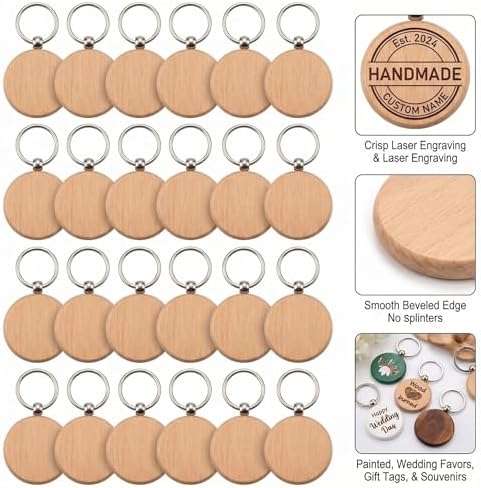 24 Pieces 1.5 Inch Round Wood Keychain Blanks, Unfinished Wood Crafts with Stainless Steel Rings for Laser Engraving, DIY Personalized Gifts, Pet Tags, Christmas Decorations - Image 2