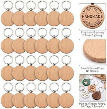 24 Pieces 1.5 Inch Round Wood Keychain Blanks, Unfinished Wood Crafts with Stainless Steel Rings for Laser Engraving, DIY Personalized Gifts, Pet Tags, Christmas Decorations - Image 2
