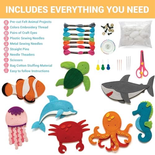 Craftorama Sewing Kit for Kids, Fun and Educational Sea Animal Craft Set for Boys and Girls Age 7-12, Sew Your Own Felt Animals Craft Kit for Beginners, 165 Piece Set - Image 2