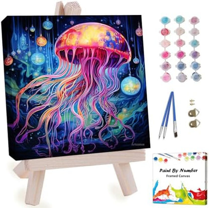 Artunion Framed Paint by Numbers Kit for Adults Beginners & Kids Ages 8-12,Colorful Jellyfish Paint by Number with Frame, Ocean Animals Paint by Numbers Kit on Canvas 10 * 10 Inch Without Easel by ArtunionDriect