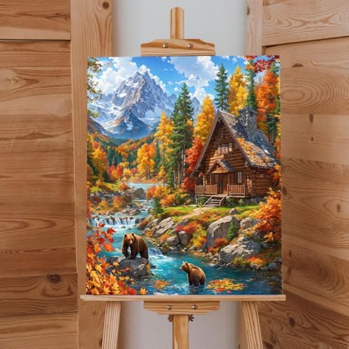 Mountain Paint By Numbers Kit For Adults Cabin Adult Paint By Number Kits On Canvas Bear Village Oil Painting Kit For Beginners Adults' Paint-By-Number Kits For Gift Home Wall Decor 16x20 Inch - Image 3