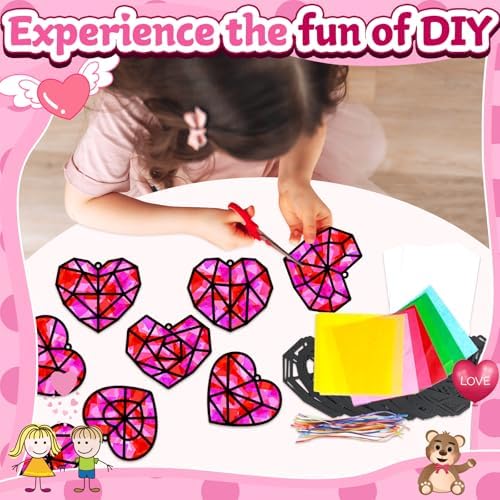 32 Sets Heart Suncatchers Craft Kit for Valentine's Day DIY Window Stained Glass Paper Pink Love Home School Classroom Decor Valentines Art Craft Creative Activity Project Kid Christmas Gift Favor - Image 4