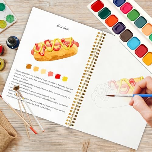 12 Patterns Fast Food Painting Set, Burgers Fries Pizza Watercolor Workbook for Beginners, Colorful DIY Art Gift for Foodies and Teens, Fun Snack Lover Paint Kit - Image 5
