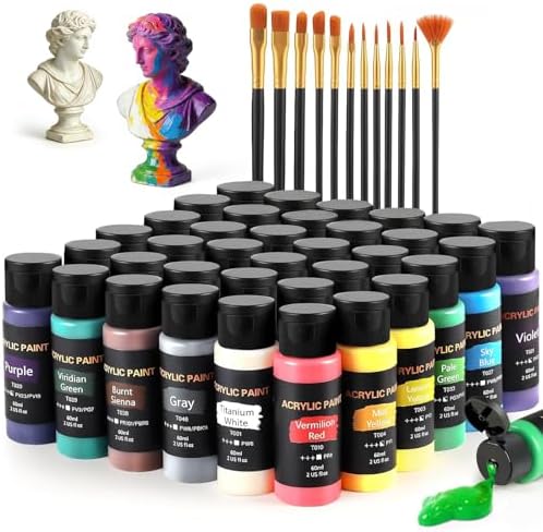 Acrylic Paint Set with 12 Art Brushes, 36 Colors (2 oz/Bottle) Acrylic Paint for Painting Canvas, Wood, Ceramic and Fabric, Paint Set for Beginners, Students and Professional Artist, Rich Pigments by TMOLARTSUPPLIES