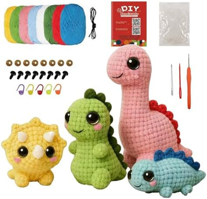 Morcolplus Dinosaur Crochet Kit for Beginners, 4-Pack Amigurumi Dinosaur Crochet Starter Kit with Video Tutorials, DIY Yarn Craft Kit for Adults & Teens, Creative Gift Set by Morcolplus