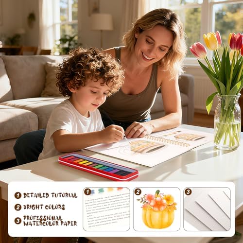 Watercolor Workbook for Adults, Beginner Friendly Watercolor Painting Kit Autumn Water Coloring Book, Nature-Themed Practice Art Gift Water Color Paint Book with Palette and Brush - Image 5