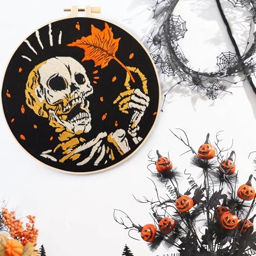 Crafmanoe Halloween Gothic Embroidery Starter Kit for Beginners Adults, Skull Skeleton Stamped Cross Stitch Kits for Beginners Adults, Funny Fall Hand Embroidery Needlepoint Kits with Video Tutorial - Image 4