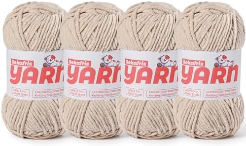 4 Pack Plush Chunky Chenille Yarn for Crocheting, Soft Fluffy Velvet Yarn for Crocheting Amigurumi, Fuzzy Baby Blanket Knitting 400g/524yds Bulky(4 Light Khaki) by Sekafris