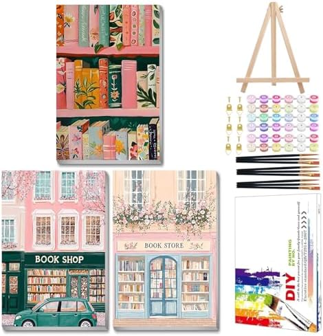 Mandun Book Shop Paint by Numbers Kit for Adults, 3 Pack, 7.8x11.8 inch by MANDUN