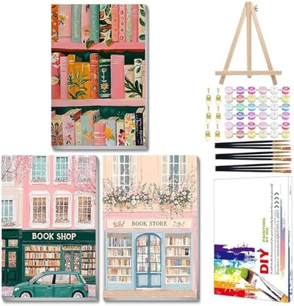 Mandun Book Shop Paint by Numbers Kit for Adults, 3 Pack, 7.8x11.8 inch by MANDUN