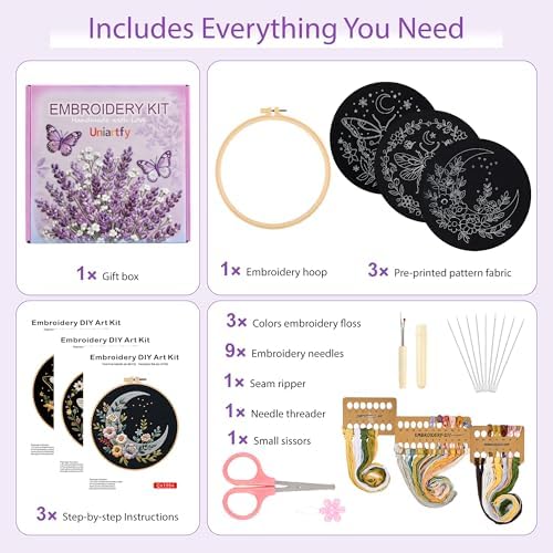 Uniartfy 3 Sets Butterfly Bee Moon Embroidery Kits for Beginners, DIY Cross Stitch Starter Craft Kit for Adults, Needlepoint Kits Including Cloth with Flower Plant Pattern, Hoop, Tools, Instructions - Image 2