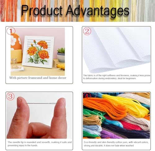 Marigold Stamped Cross Stitch Kits for Adult Beginner with Wooden Frame - Image 4
