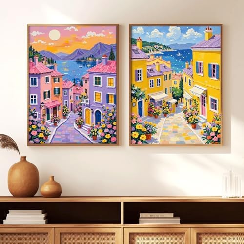 Qaisxoty Paint by Numbers Kit for Adults Beginners, 2 Pack Town Landscape Paint by Number with Rolled Canvas, Acrylic Paint, Box, DIY Painting by Number Kit for Great Gift & Home Decor - 12” x 16” - Image 3