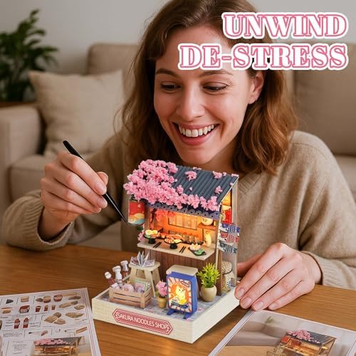 Kisoy Dollhouse Miniature with Furniture Kit, DIY 3D Wooden DIY House Kit with Dust Cover, Handmade Tiny House Toys for Teens Adults Gift (Sakura Noodles Shop) - Image 4