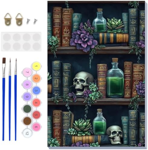 NAIMOER Halloween Paint by Numbers Kits for Adults Beginner with Wooden Framed, Skull Bookshelf Color by Numbers on Canvas Painting Kits for Adults, Easy Paint DIY Acrylic for Home Decor 8X12 Inch by NAIMOER